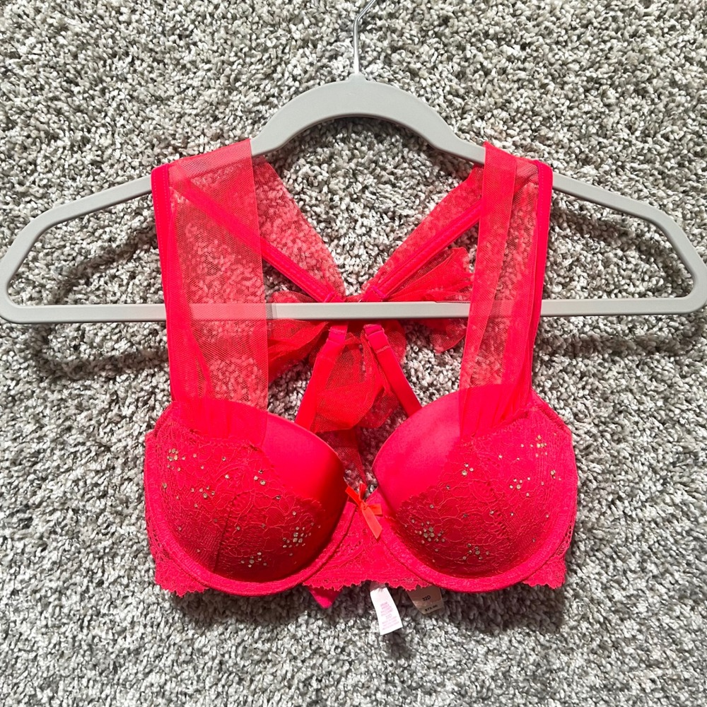 Victoria's Secret Bra Women's 32D Red Dream Angels Balconette Lace Tie Bow NWT